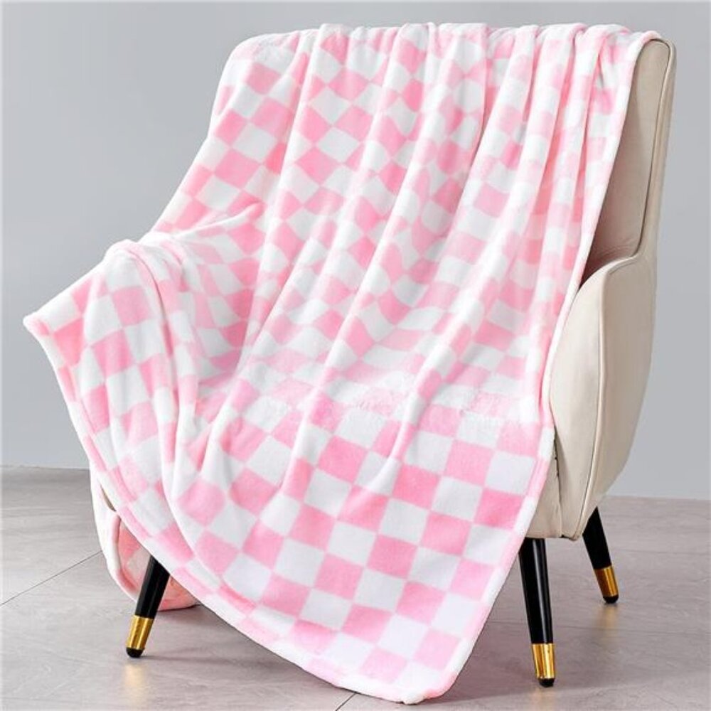Pink Checkered Throw Blanket Fleece Soft Lightweight Couch Bed Travel All Season
